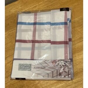 VTG JC Penney Round Tablecloth 80s Checked White 70" Round Monterey Pink‎ Purple